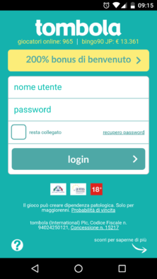 applicazione mobile tombola.it pagina di login