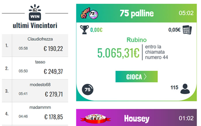 Schermata di gioco del Bingo Snai che mostra una vincita e diverse cartelle attive