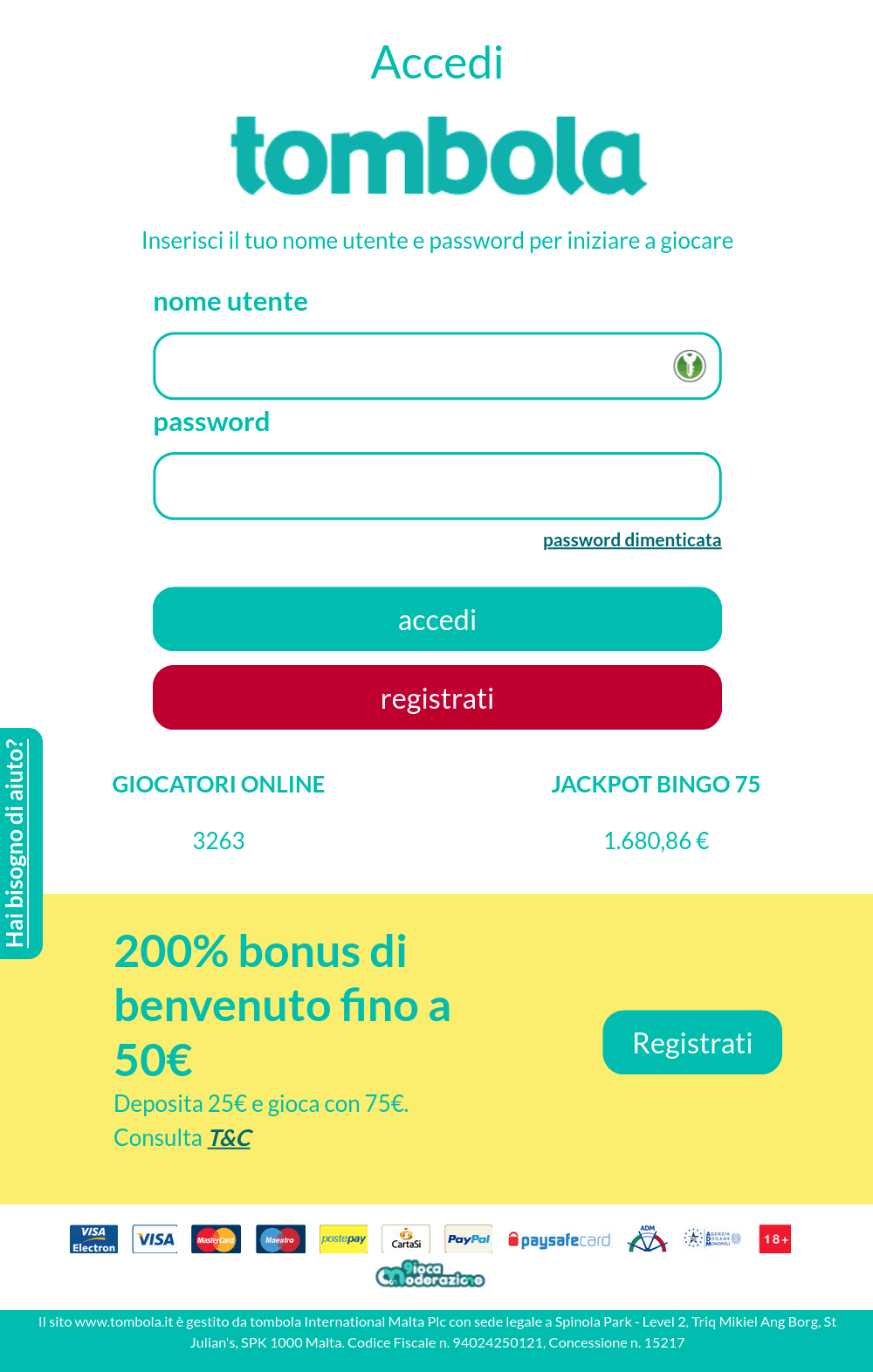 Schermata tombola login